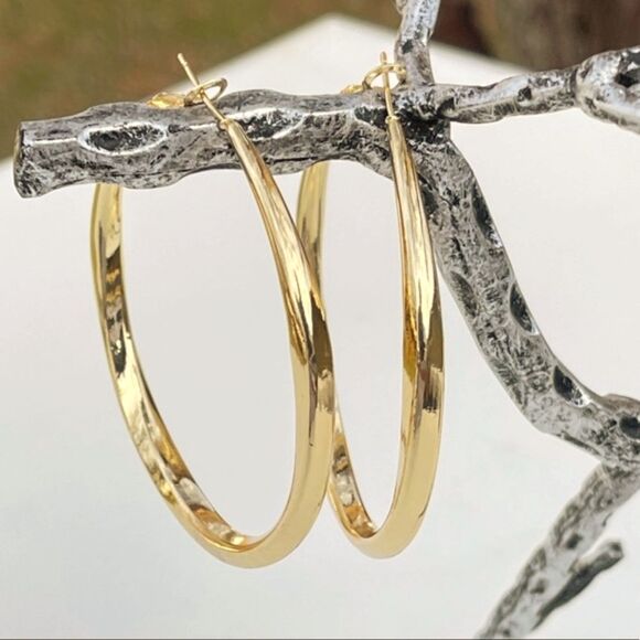 18K Gold Plated Chunky Big Circle Drop Hoop Earrings 925S Sterling Silver - Picture 9 of 13
